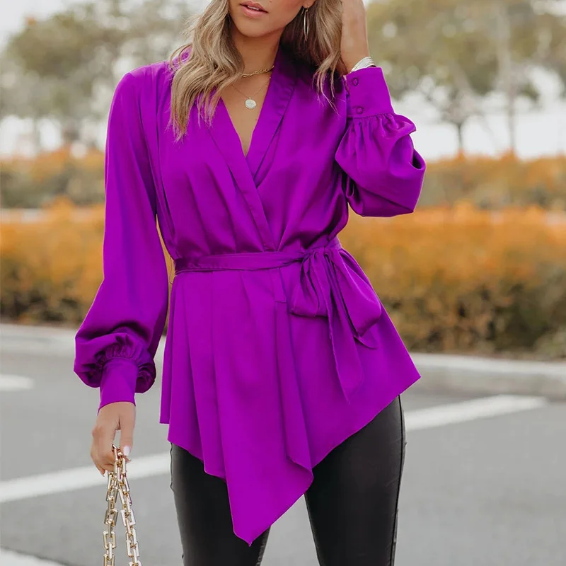 

Women Elegant Blouse Fashion Temperament Casual Solid Color Soft Fabric Tops Ladies V-Neck Lace Up Long Lantern Sleeve Shirt