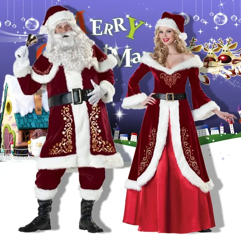 

Рождественский костюм Санта-Клауса, костюм Санта-Клауса для пары, Рождественский костюм Санта-Клауса, красный роскошный бархатный необычный костюм для взрослых для рождественской вечеринки, костюм для косплея, костюм для косплея
