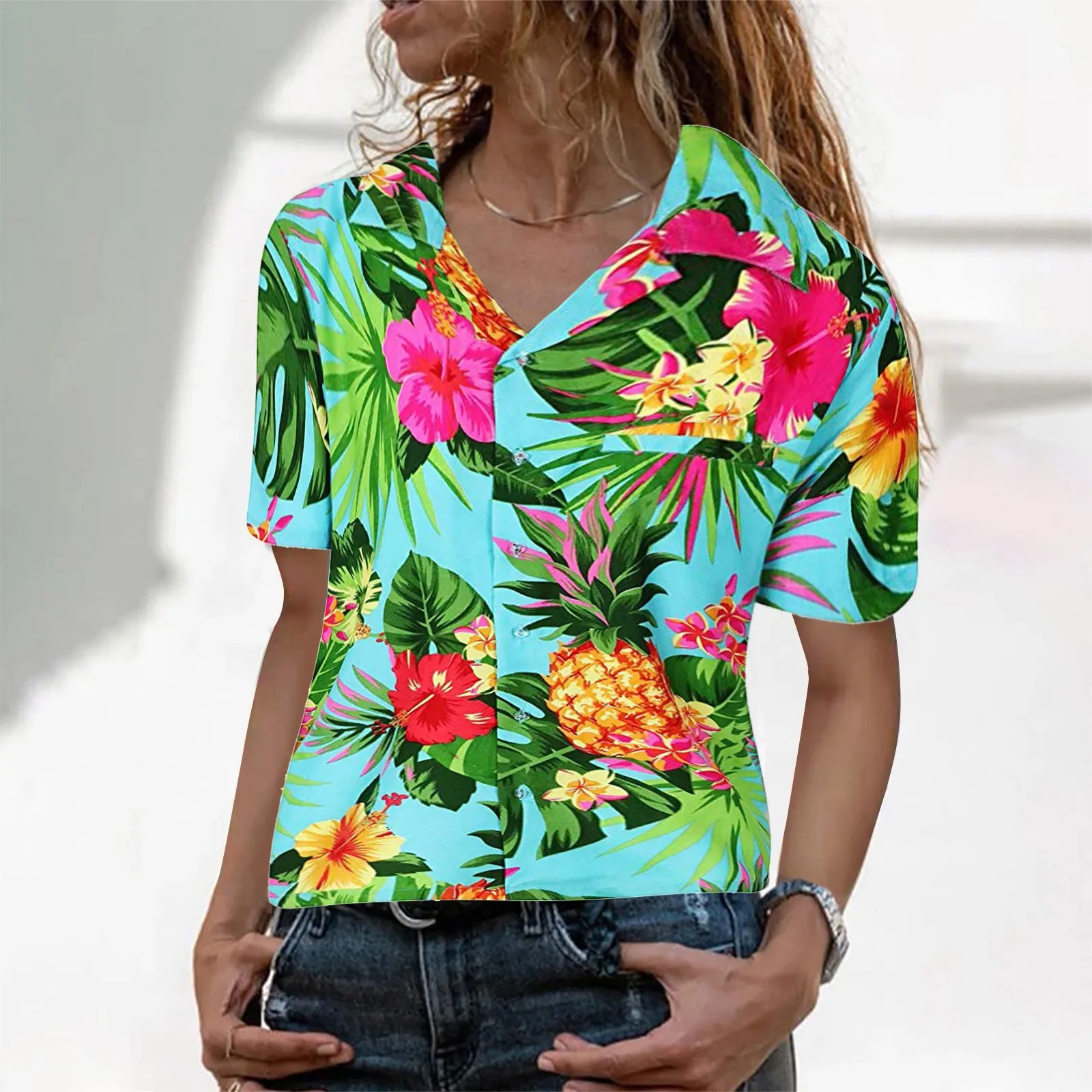 

Women Funky Hawaiian Shirts Blouse Frontpocket Leaves Flowers Pineapple Print Female V-Neck Tops Beach Ladies Blouse 2023