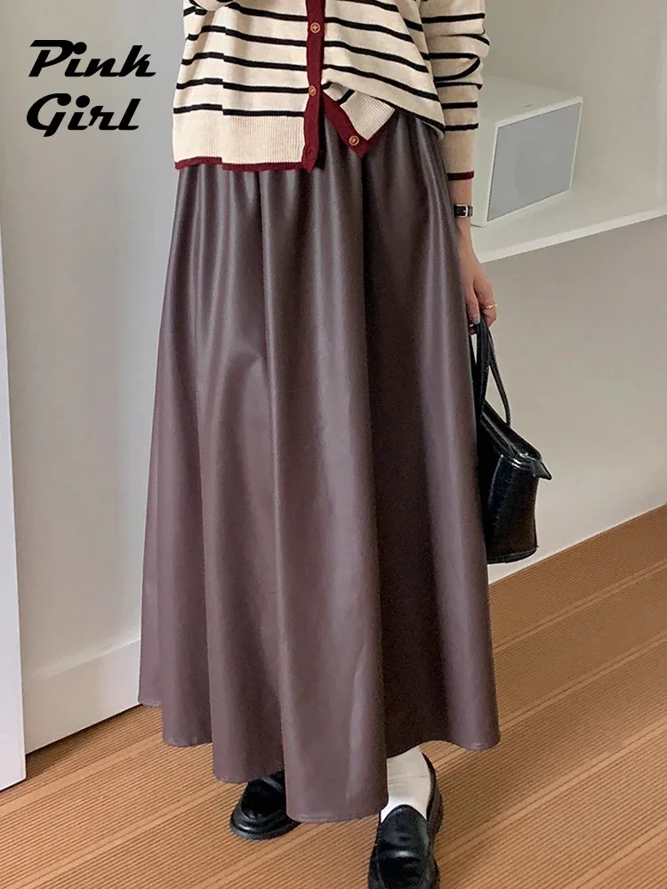 

Autumn Winter Fashion Soild Color PU A-line Skirt Women Elegant Elastic Waist Casual Short Dress High Waist Draped Long Skirts