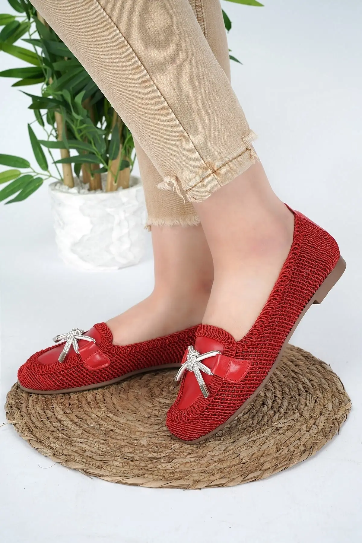 

Women Flats Shoes Aska Shoes Knitted Stone Bow Buckle New Season Fashion Flats For Ladies Casual Summer Footwear