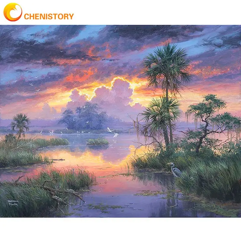 

CHENISTORY Modern Painting By Numbers For Adults Acrylic Paints Canvas Painting Sunset On River Coloring By Number Home Decors
