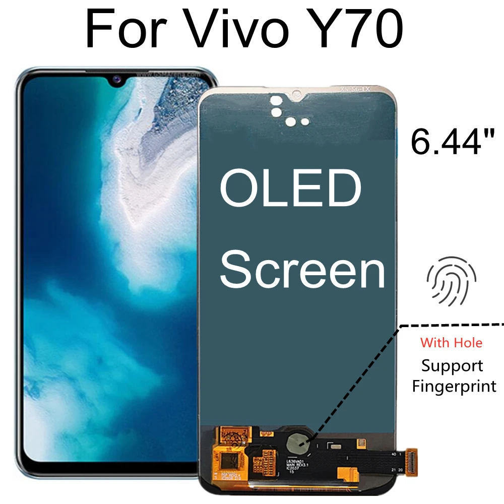 ЖК-дисплей 6,44 'OLED для Vivo Y70, сенсорный экран с отверстием для отпечатков пальцев, дигитайзер в сборе, замена
