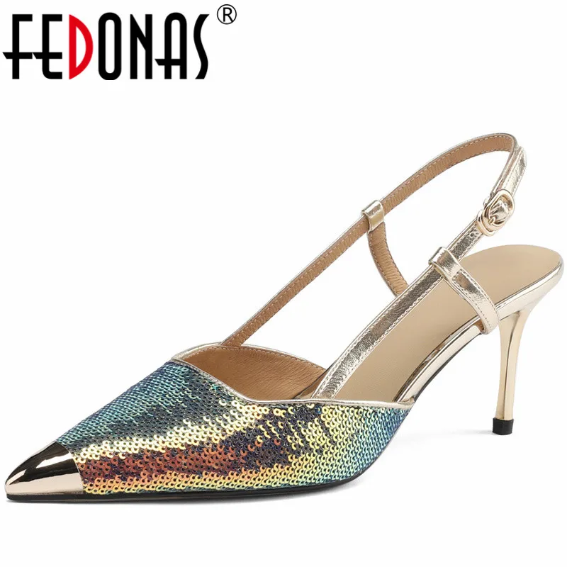 

FEDONAS Sexy Pointed Toe Women Sandals Thin High Heels Slingback Pumps Fashion Blingbling Office Party Shoes Woman Spring Summer