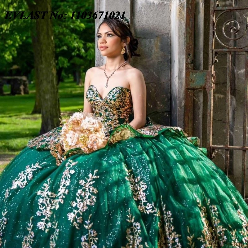 EVLAST Блестящее темно-синее платье Quinnceanera бальное золотая кружевная аппликация