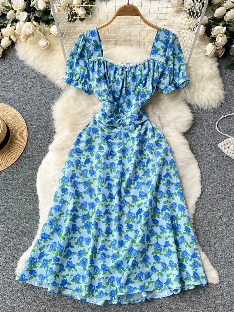 

Floral Dress Summer Women 2022 New French Sweet Lace Spliced Square Neck Short Sleeve Slim High Waist A-line Midi Female Dresses