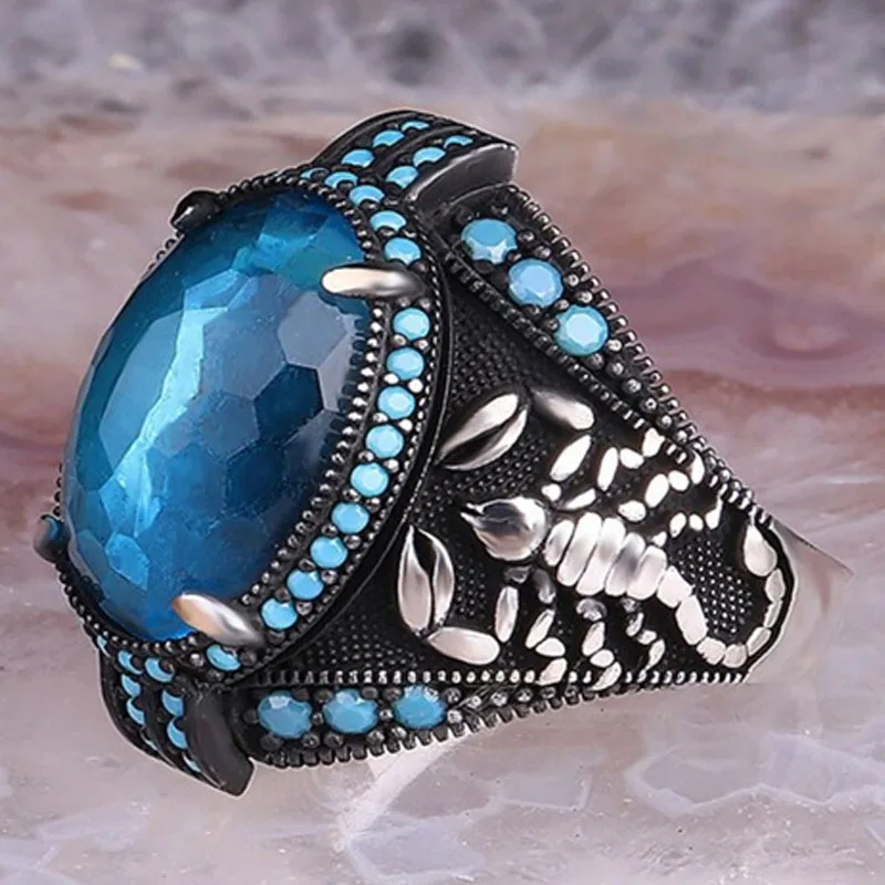 

European and American Luxury Aquamarine Scorpion Ring Inlaid Turquoise Men's Party Ring Fashion High-end Crystal Jewelry