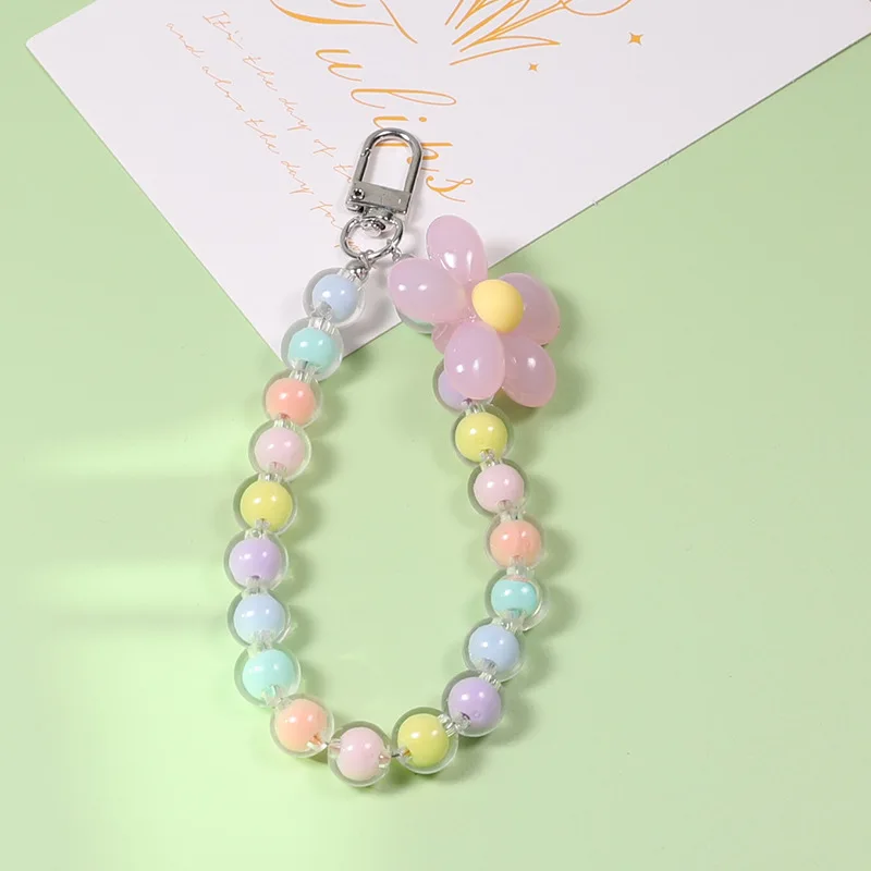 2pcs Colorful Round Flower Beads Lanyards KeyChains Lanyard Bead Wriststrap For Diy Phone Case Pendant Handmade Chain Decorative