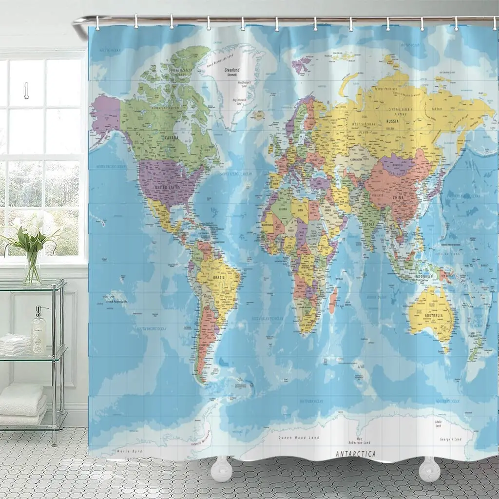 

Карта мира, занавеска для душа в страны, города, занавеска для душа, s география, образовательная ткань, штора с крючками, Детская ванная комн...