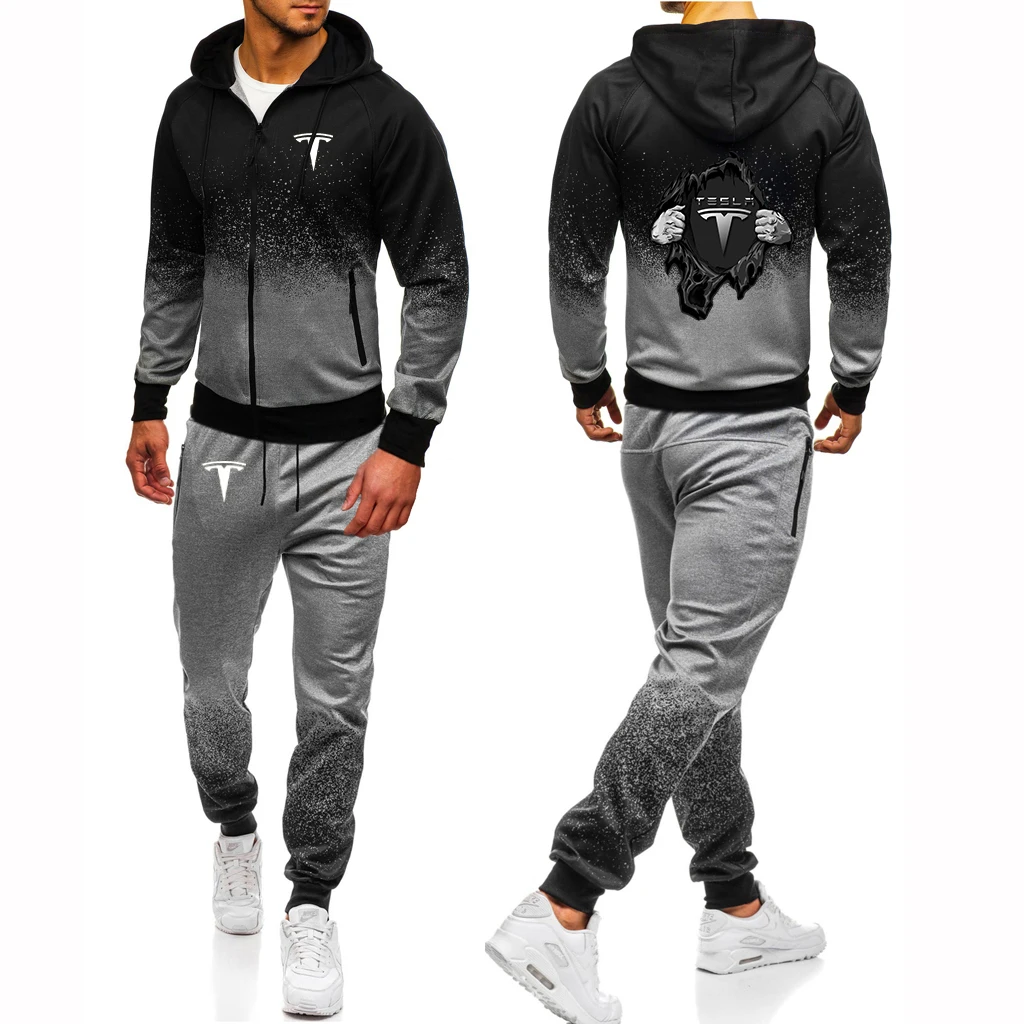 

2023 New Men's Tesla Printing Fashion Classic Gradient Colour Cotton Hoodies Slim Fit Leisure Tracksuit Sport Pants 2-Piece Set