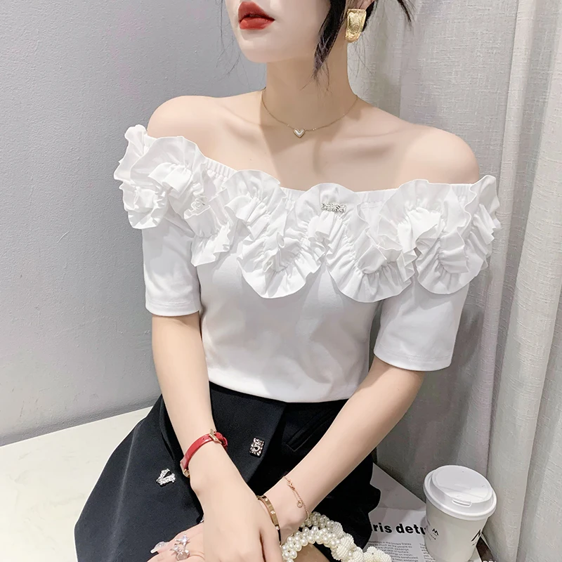 

New 2023 Summer Women's T-Shirt Fashion Sexy Off The Shoulder Mesh Tops Female Blusas