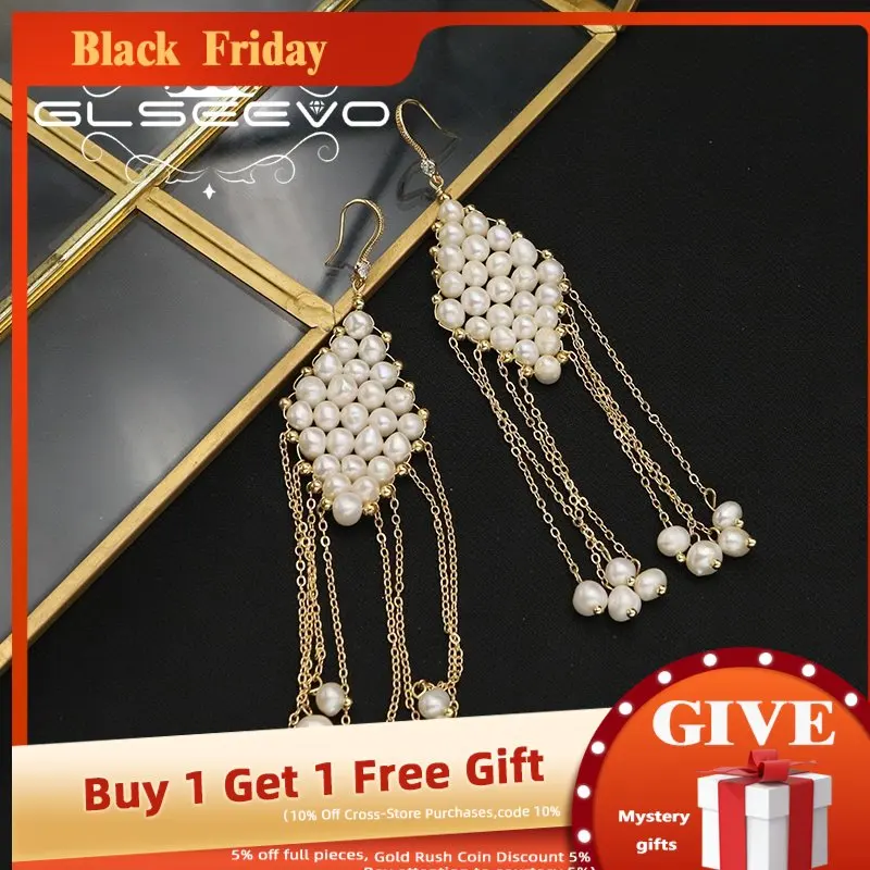

GLSEEVO Weave Lozenge Natural Pearls Tassel Earrings Fashion Drop Earrings For Woman Luxury Wedding Jewelry Anniversary Gifts