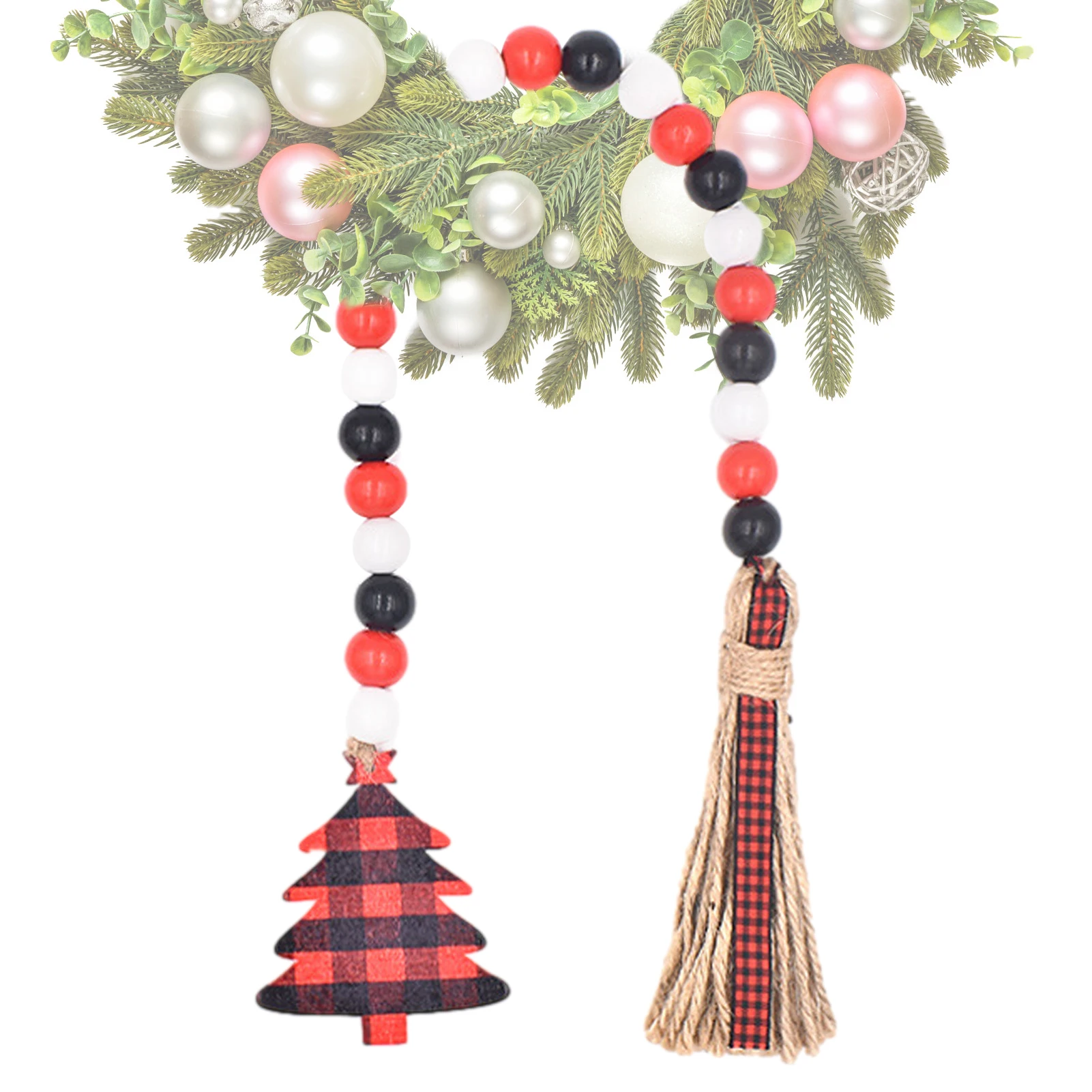 

Christmas Wood Bead Wreath Hanging Ornament Wood Bead Garland Wreath With Tassels Rustic Prayer Beads For Home Farmhouse