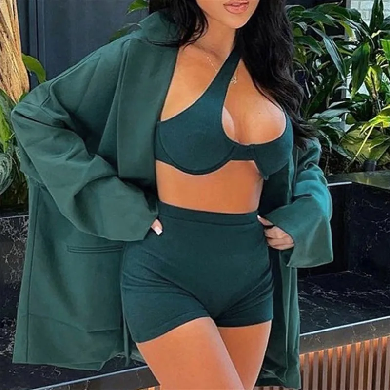 

2022 Spring Summer Women Solid Ribbed 2 Pieces Irregular Crop Top Biker Shorts Set Streetwear Tracksuit Outfit