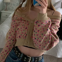 kawaii y2k floral sweaters women cropped v neck cardigans new brown button sweet full sleeve sweet vintage chic jumpers knitwear