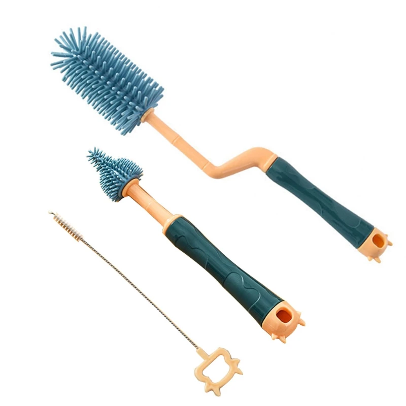 

3 Pcs Baby Bottle Cleaning Brushes Set Rotary Handle Milk Bottle Washing Nipple Cleaner Soft Silicone Feeding