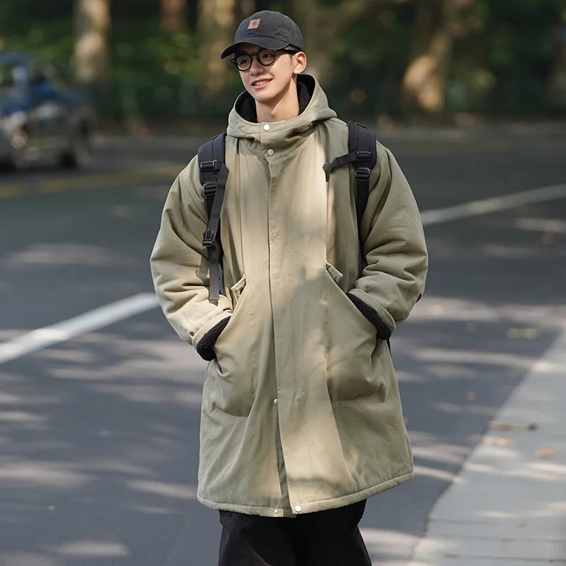 Winter Thick Long Coat Men Warm Fashion Oversize Lamb Wool Jacket Men Streetwear Korean Loose Thicken Hooded Coat Mens Parker