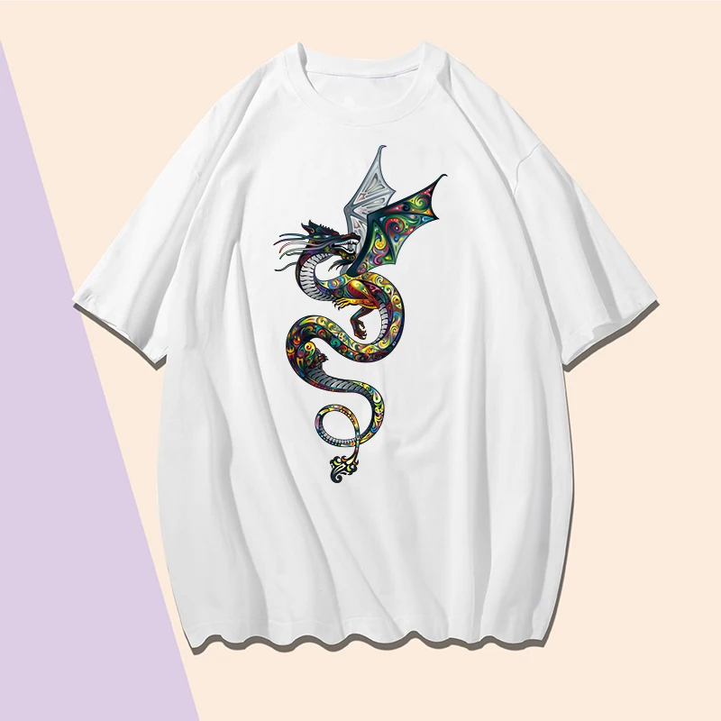 

Colour Flying Dragon Print T Shirts Summer Short Sleeve Man T-shirt Cotton Round Neck White Plus Size Loose T Shirt
