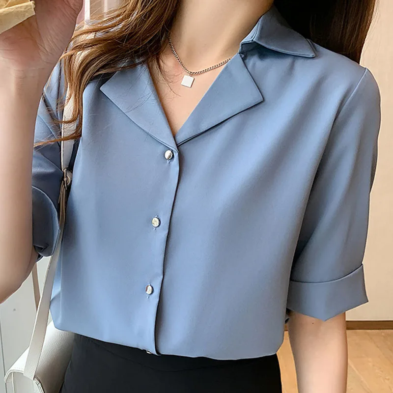 

Shirts for Women Tops and Blouses 2022 Summer Seven-sleeve Suit Collar V-neck Short-sleeved White Blue Solid Femme Clothing 2874