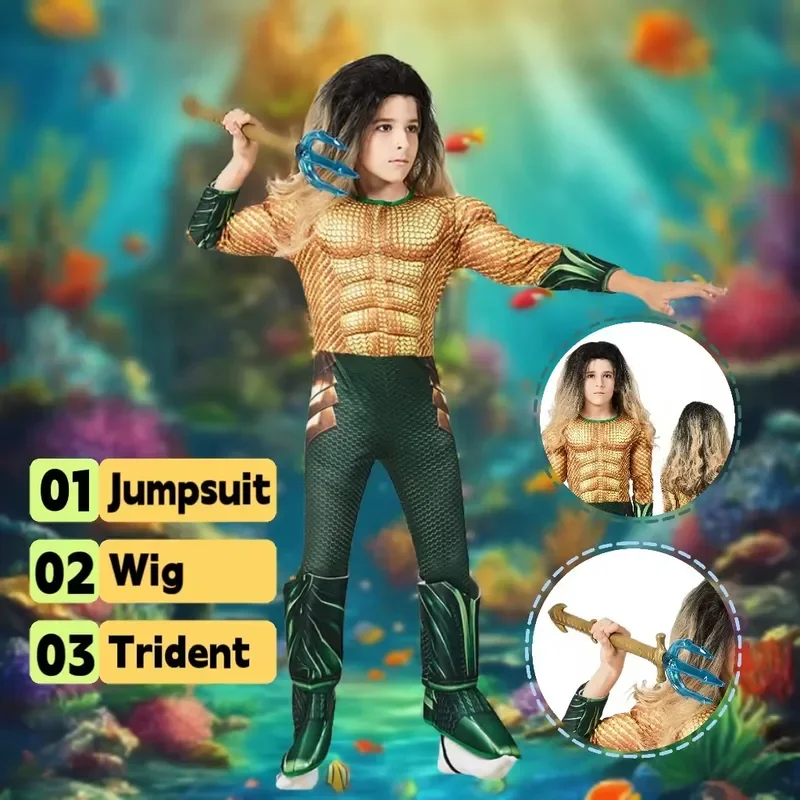 dla dzieci Komiks Superbohater Aquaman Muscle Dress Up Halloween Fancy Kostium Cosplay