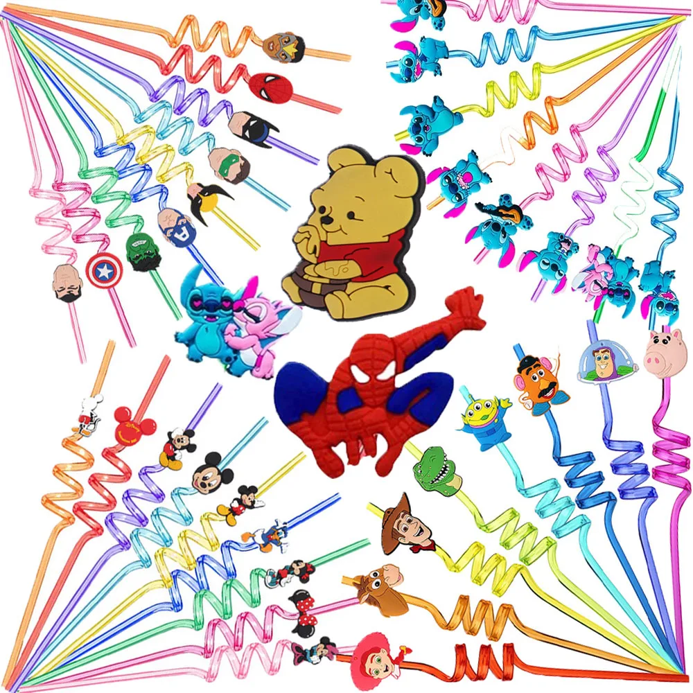 

12Pcs Spiderman Birthday Party Supplies Reusable Drinking Straws Minnie Pooh Plastics Straw For Kids Baby Shower Decorations