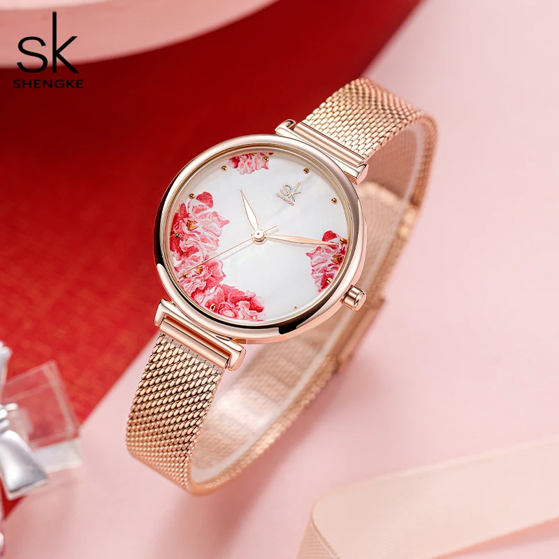 SHENGKE Golden Stainless Steel Women Watches Top Luxury Woman's Quartz Wristwatches Fashion Flower Face Design Ladies Clock enlarge