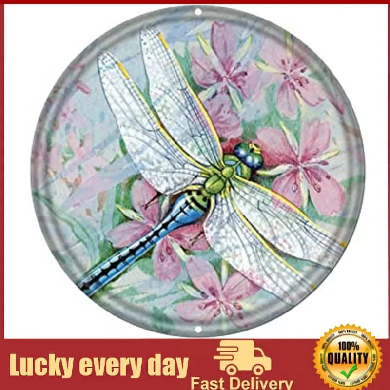 

Metal Tin Sign Circle Round Sign,Dragonfly Home Decoration Painting,Round Metal Sign Plaque for Home Garden Kitchen Bar Cafe