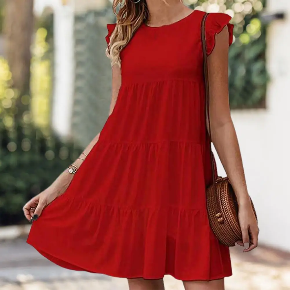 

Summer Women Dress O-neck Fly Short Sleeve High Waist Mini Dress Stitching Pleated Hem Women Summer Dress Female Clothes