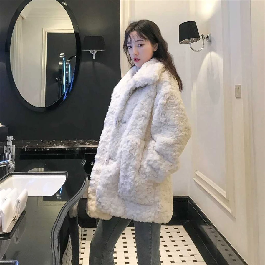 Winter Imitation Lambwool Mink Rabbit Fur Jacket Women Plush Warm Thick Coat Horn Button Furry Soft Outwear Top Sobretudo Casaco