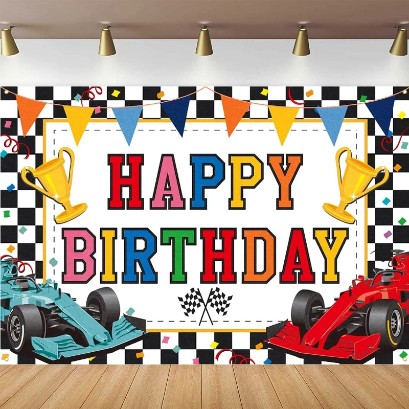 

Photography Backdrop Banner Decor White Race Car Theme Happy Birthday Party Background Decoration For Boys Men Supplies Poster