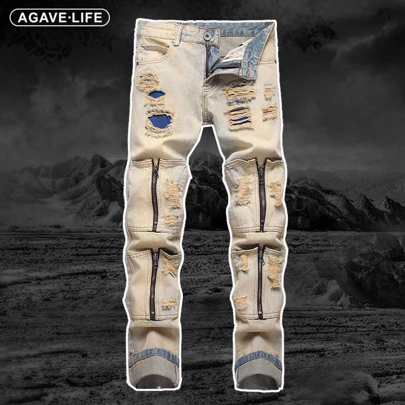 

Джинсы мужские рваные, Стрейчевые брюки-карандаш из денима, дырками и аппликацией, всесезонные