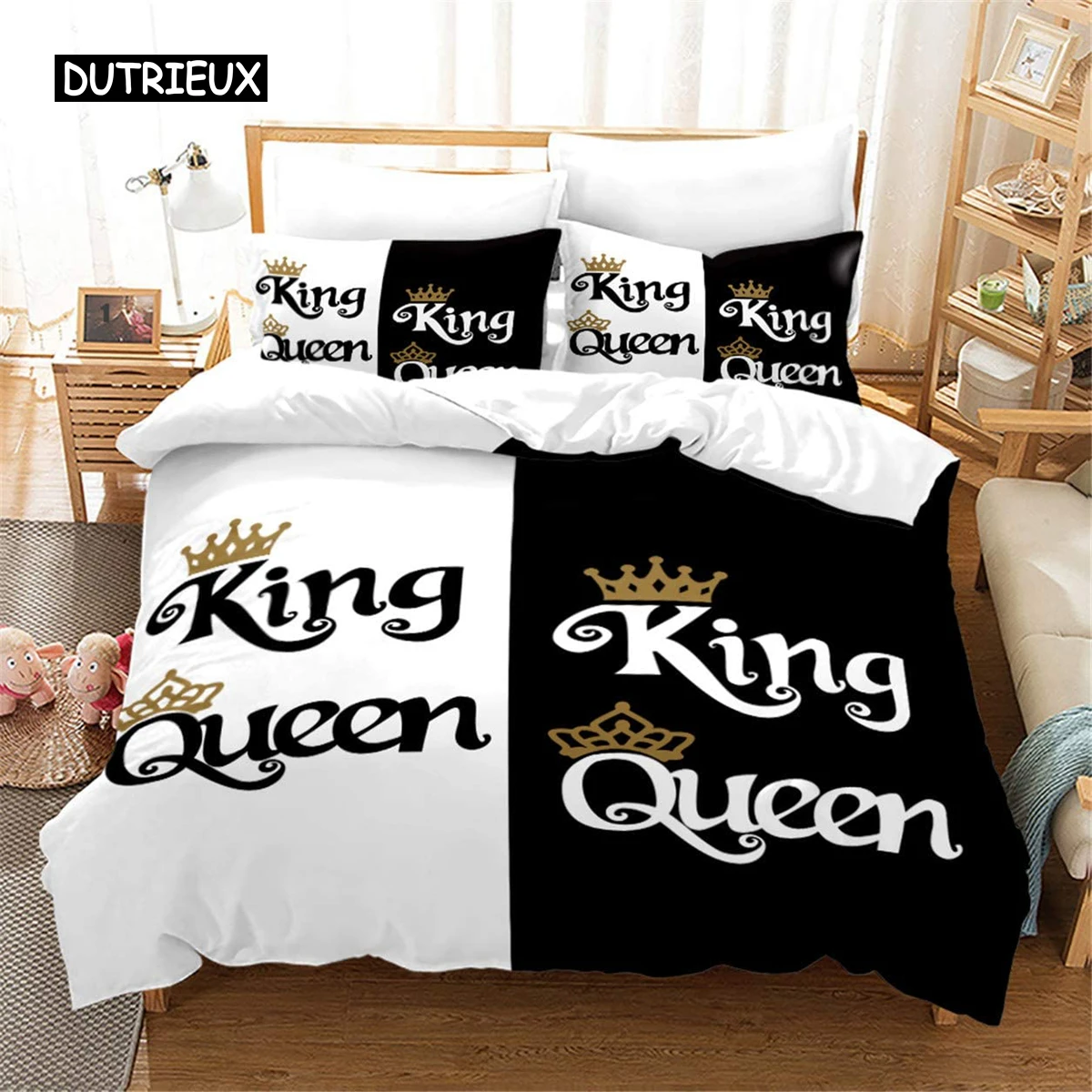 

Black and White Duvet Cover Set King and Queen Bedding Set for Couple Romantic Valentine's Day Presents Polyester Duvet Cover