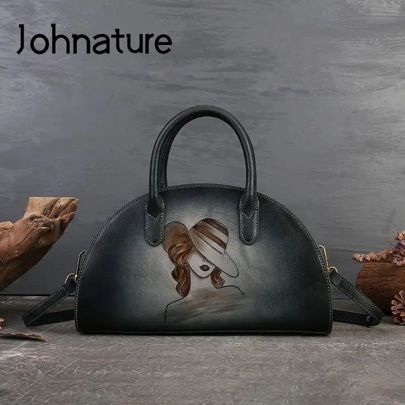 

Johnature Character Pyrography Luxury Handbag 2022 New Genuine Leather Women Bag Vintage Versatile Real Cowhide Shoulder Bags