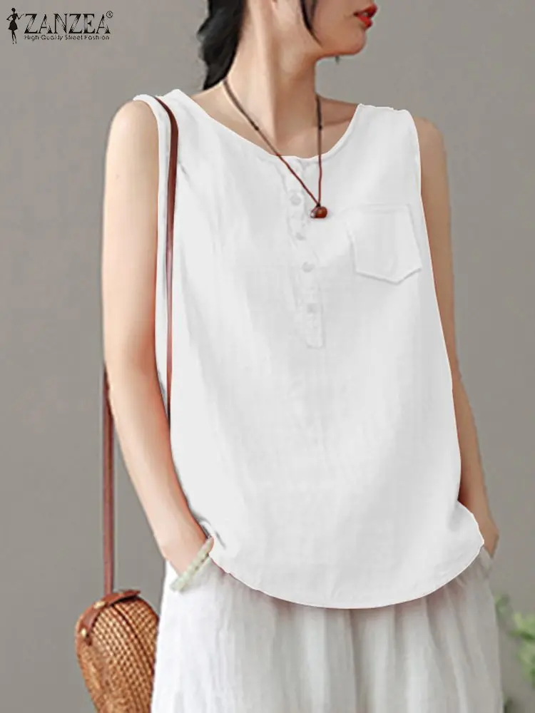 

2023 ZANZEA Summer Fashion Sleeveless Blouse Female Holiday Chemise Woman O-Neck Solid Cotton Vest Casual Button Cami Tank Tops