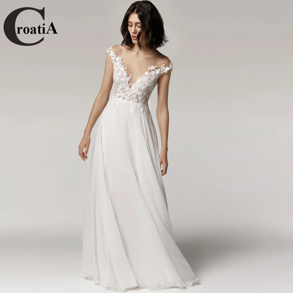 

Croatia Fashion Netting Wedding Dresses Cap Sleeves Backless Applique Marriage For Women Appliques Vestidos De Novia Custom Made