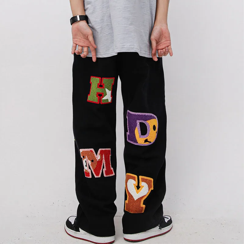 

Streetwear Men's Baggy Casual Pants Hip Hop Furry Letter Embroid Trousers Harajuku Loose Straight Elastic Waist Sweatpants Male