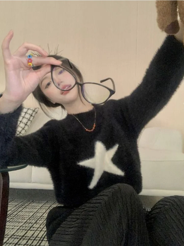 

Harajuku Star Cropped Sweater Women Vintage Oversized Knitted Jumper Korean Casual Chic Pullover Tops Y2K Clothes 2000s