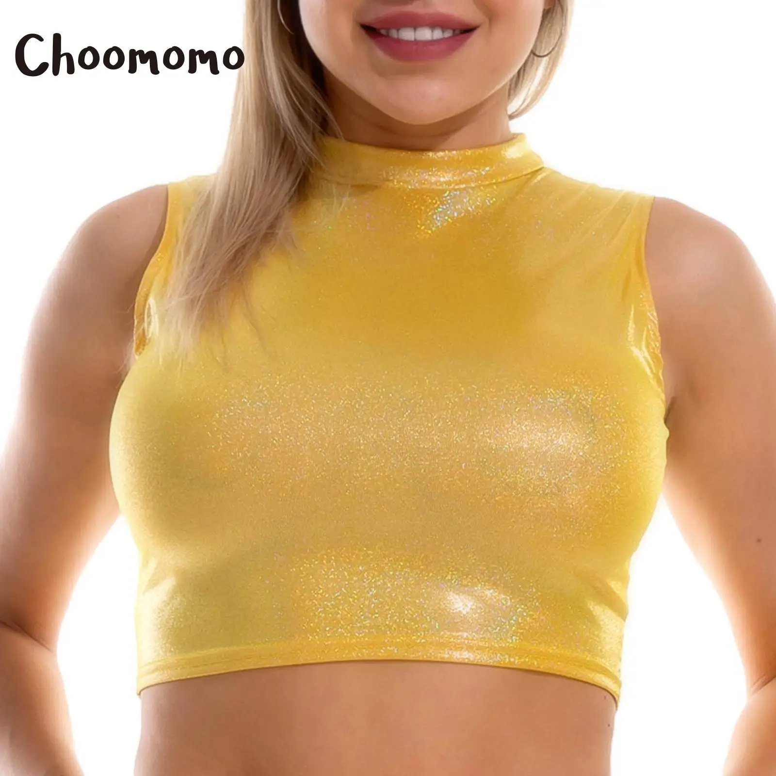 

Женские блестящие облегающие майки Choomomo желтого цвета, короткий пуловер без рукавов с круглым вырезом, укороченные топы для ночного клуба, ...
