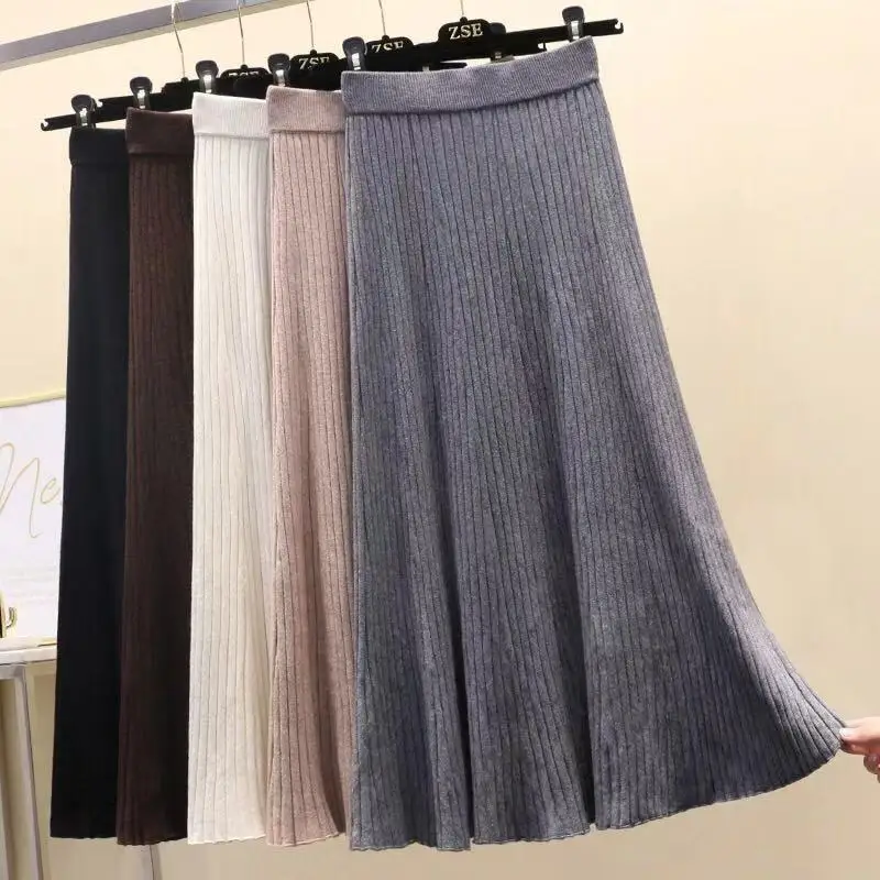 

Woman Thick Skirt Female Warm Elegant Trendy Casual All-match Soft Elastic Waist A-line Knitted Skirts Ladies Fashion Skirts G65