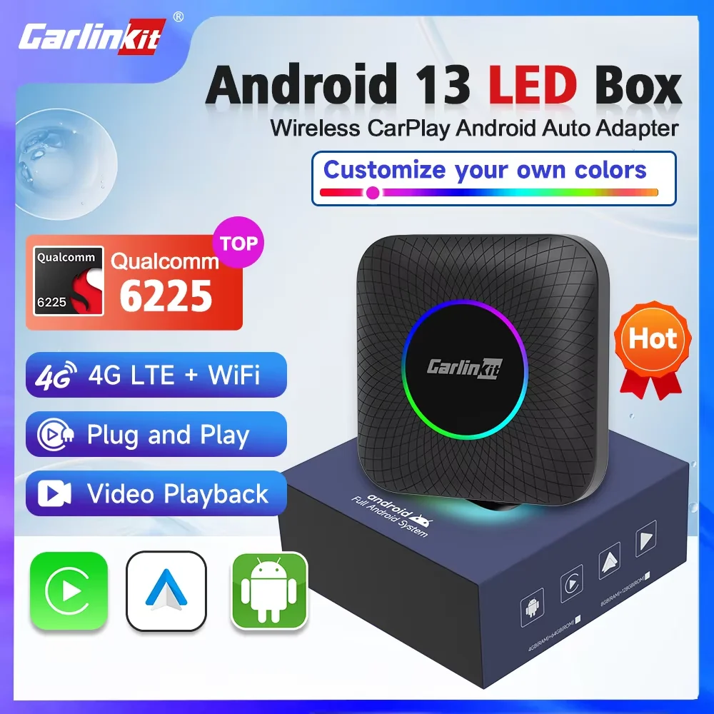 Фото Автомобильный медиаплеер Carlinkit CarPlay Ai TV Box на Android 13 с LED-дисплеем, 8+128 ГБ, 8-ядерный процессор QCM 6225, беспроводной CarPlay, Android Auto, поддержка YouTube, Netflix, 4G LTE, Wi-Fi №1