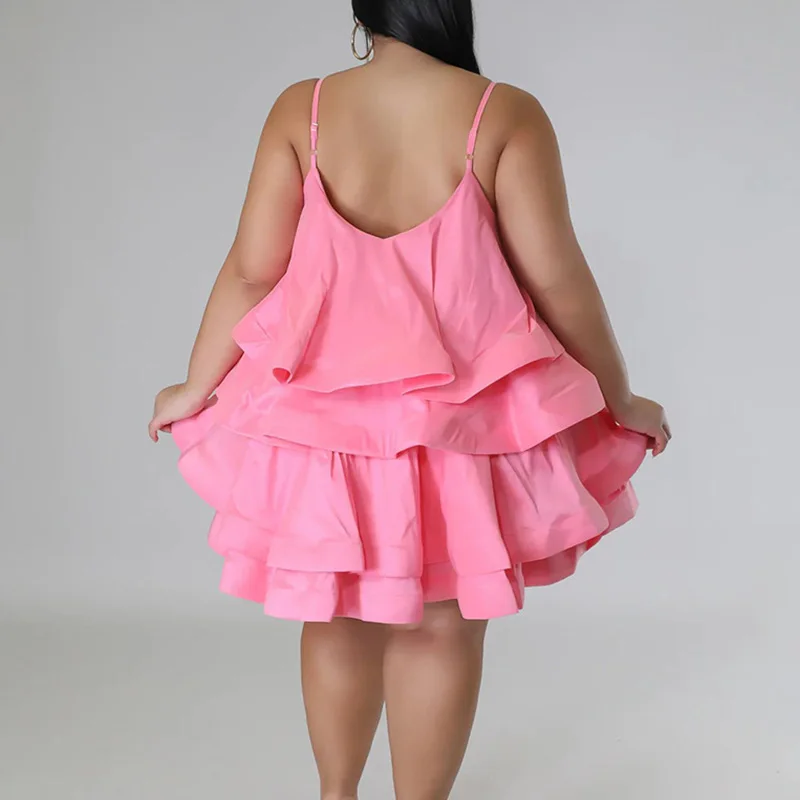 Summer Clothes for Women Solid Color Ruffles Sleeveless Sexy Square Collar Adjusting the Shoulder Strap Plus Size Princess Dress
