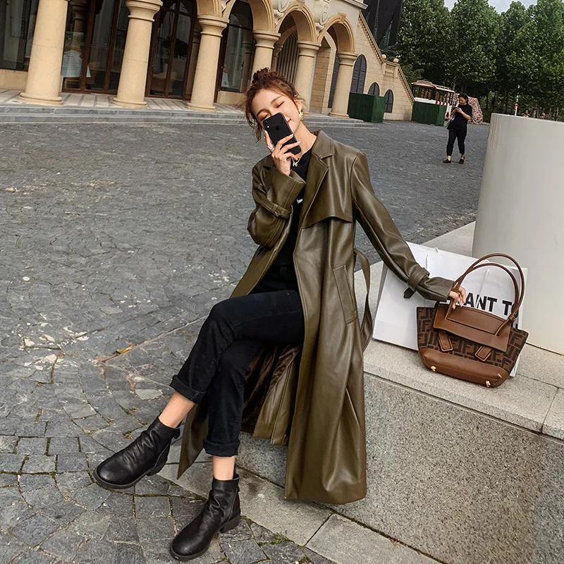 2022 Roupa De Frio Femininalong Army Green Goddess Windbreaker Fashion Autumn and Winter Hong Kong Style Leather Jacket Women