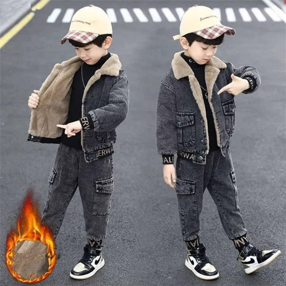 New Autumn Winter Baby Boy Plus Cashmere Thicken Jeans Coat 2Pcs Children Clothing Set Warm Fashion Teens Denim Jackets 3-9Years