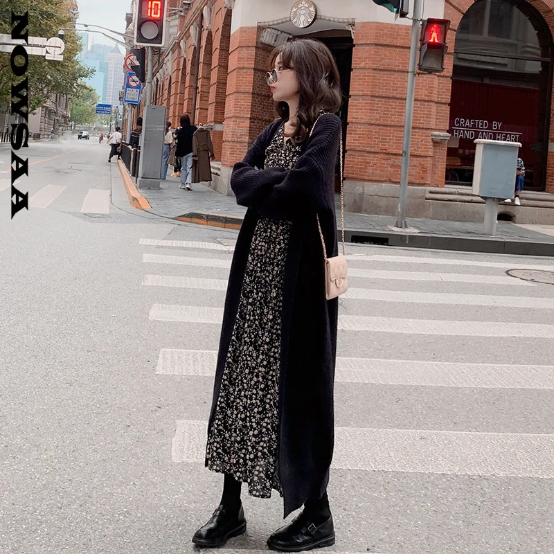 Черный кардиган Nowsaa свитер женский осенне-зимний вязаный Макси-Корейский