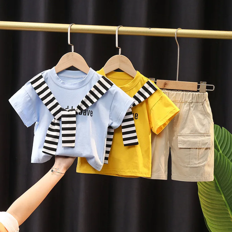 

Summer Children Clothes Baby Boy Fashion Scarf T Shirt Shorts Set Kids Casual Costume Suits