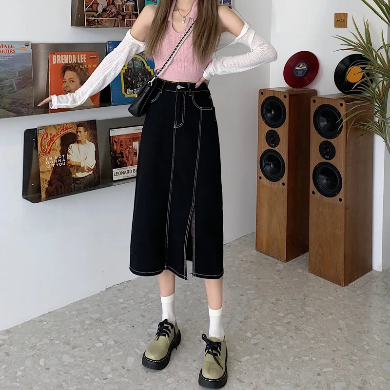 

Skirt Denim Black Split Skirt Female Spring and Autumn New Denim Skirt Female High Waist Thin A-line Skirt Saias Jeans