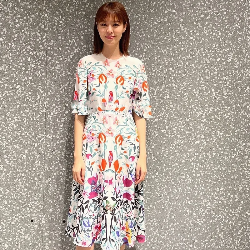 

Женское двухслойное платье из шелка тутового шелкопряда, трапециевидная юбка средней длины с принтом в виде попугаев и летающим рукавом, Но...