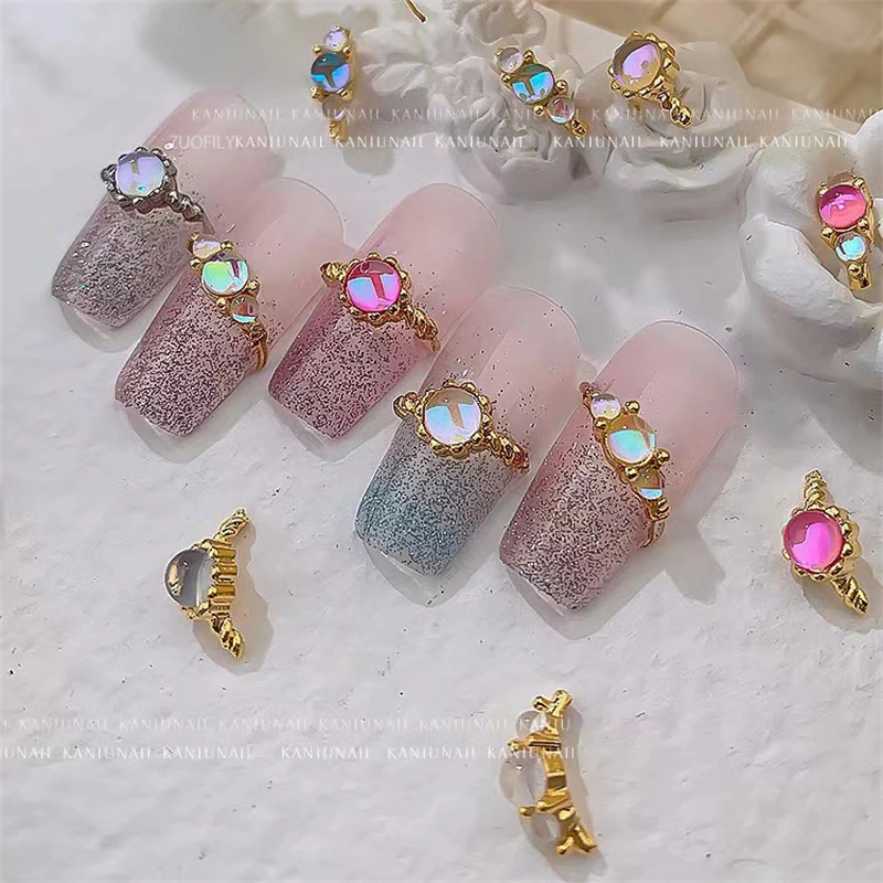

5pcs Alloy Nail Art Rhinestone 3D Aurora Stone Luxury Nail Art Charms Ring Shape For Nail Manicure Jewelry Korean Fashion