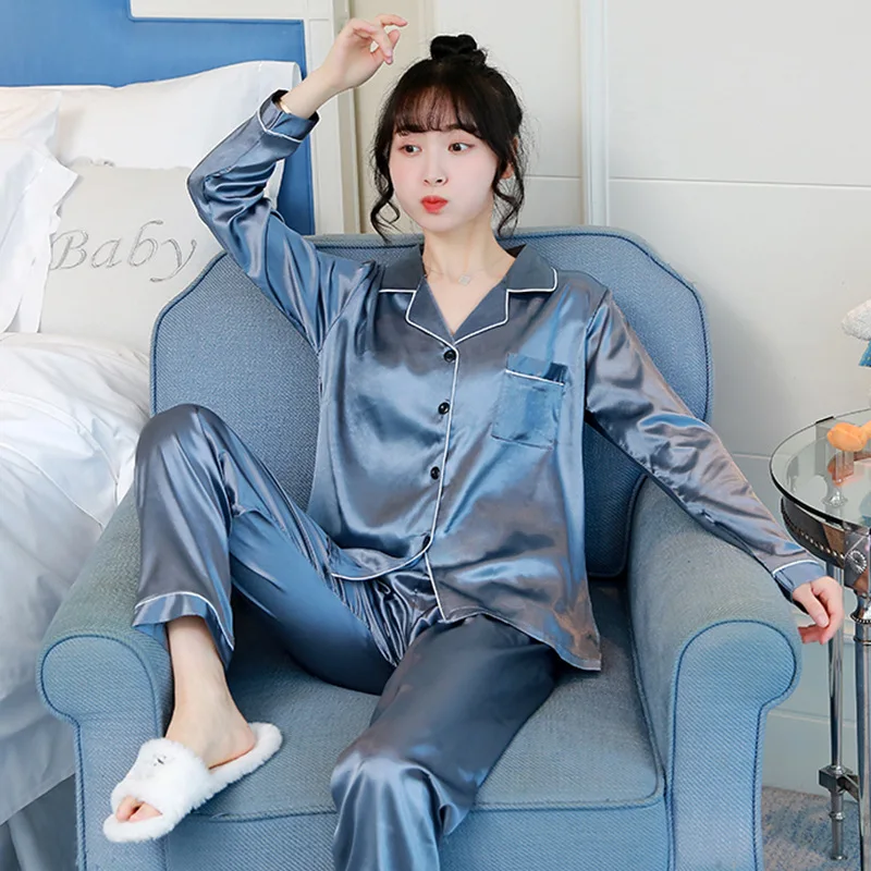 Faux Silk Satin Pajamas 2 Piece Sets  for Women Long Sleeve Sleepwear Pyjamas Suit Female Loungewear Autumn Winter Homewear