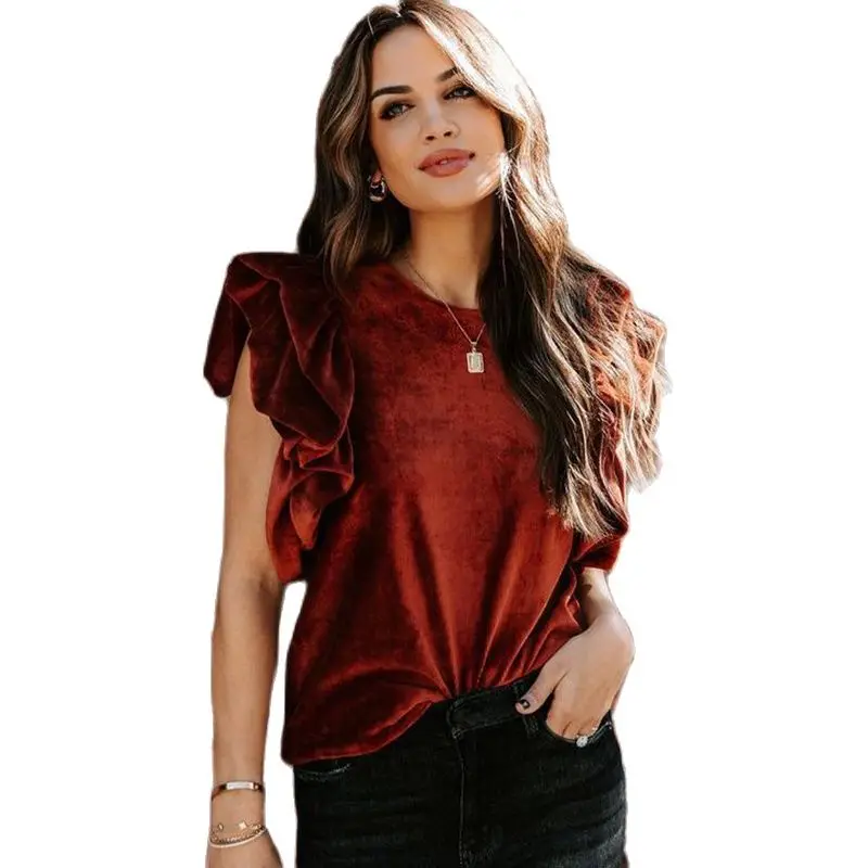 Красный флисовый пуловер с коротким рукавом и круглым вырезом весенне-осенний